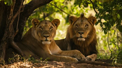 Majestic Lions Resting Under Lush Trees