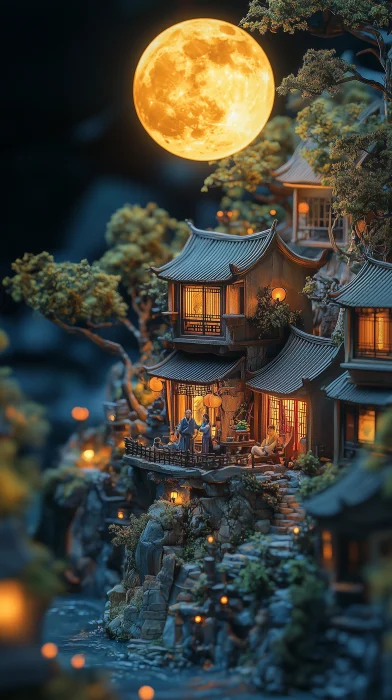 Miniature Clay Family Gathering in Chinese Mid-autumn Festival Scene