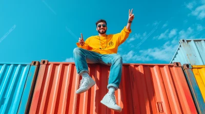 Arab Cool Guy Sitting on Corrugated Metal Fence