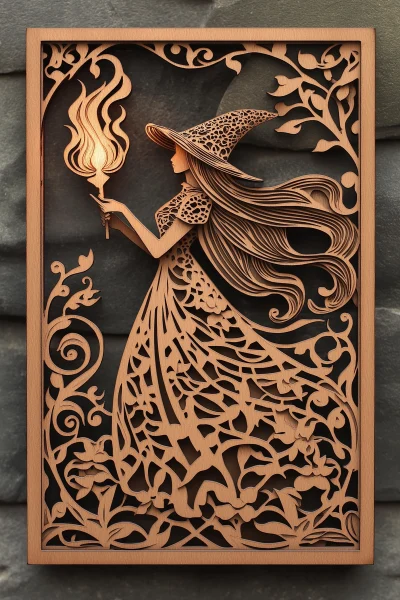 Witch Holding Flame Wooden Panel