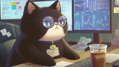 Chubby Munchkin Cat Working Late at a Stock Brokerage Firm