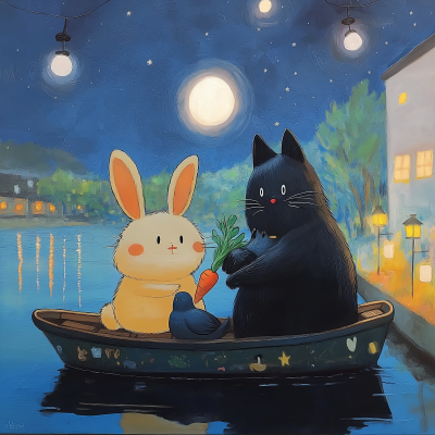 Whimsical Night Scene with Bunny, Cat, and Duck