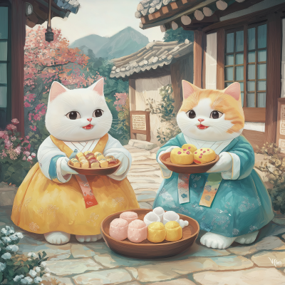 Charming Scene in a Traditional Korean Village with Munchkin Giant Cats