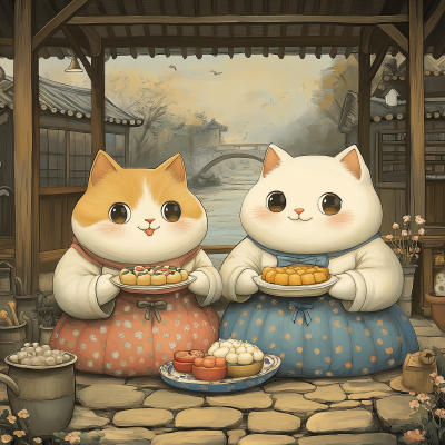 Charming Traditional Korean Village Scene with Giant Cats