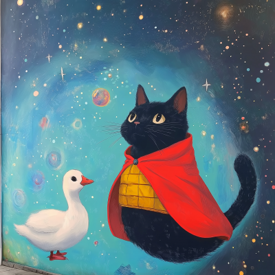 Magical Space Scene with Animal Companions