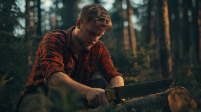 Man Sawing Trees in the Forest