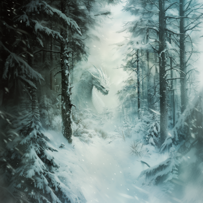 Winter Forest Fantasy Scene with White Dragon