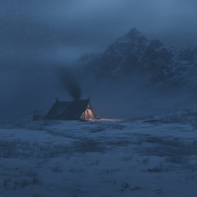 Winter Mountain Camp in Blizzard