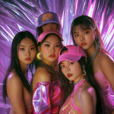 Y2K Style Asian Girl Group Illustration