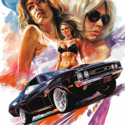 Rock Band Poster with Muscle Cars and Women