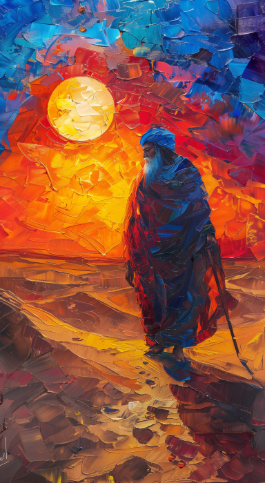 Stylized Saudi Old Man in the Desert at Sunset