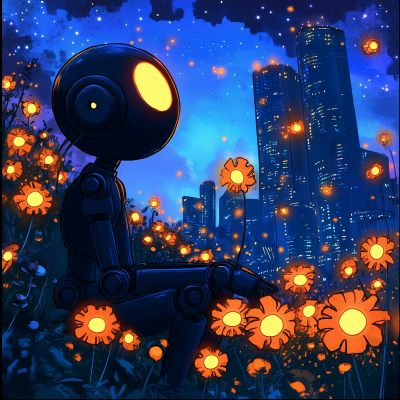 Futuristic Robot tending to Glowing Flowers at Night