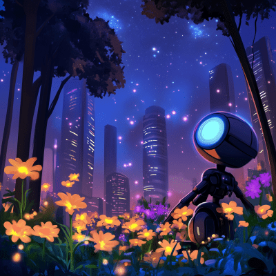 Futuristic Robot tending a Garden of Glowing Flowers