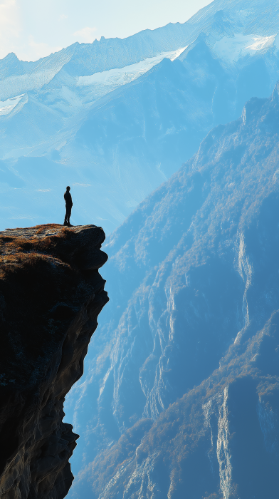 Man observing Himalayan ranges from cliff edge