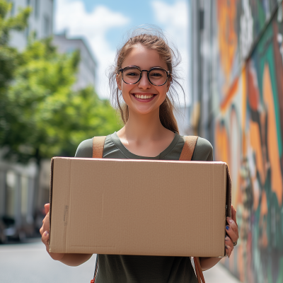 Smiling Young Woman with Shipping Box in Berlin