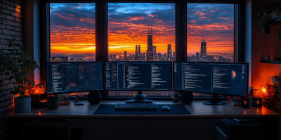 Modern Home Office Setup with Chicago Skyline View