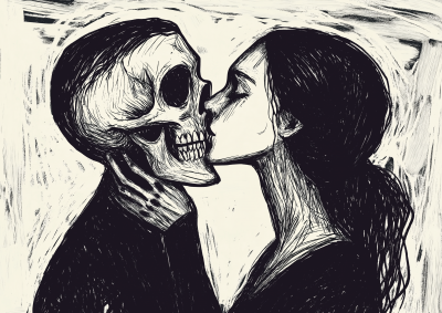 Kissing woman with a skull