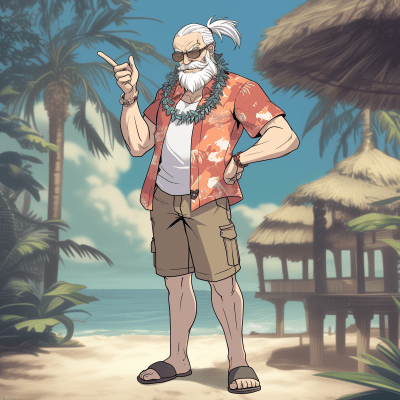 Old White Haired Man in Hawaiian Shirt on Caribbean Beach