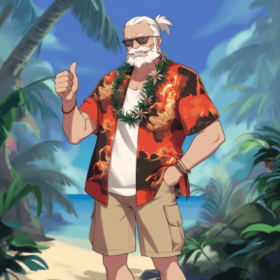 Anime Troubled White-Haired Man on Caribbean Beach