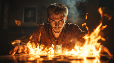 Man on fire sitting at table with background of demonic figures