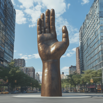 Giant Bronze Hand Monument in Urban Setting