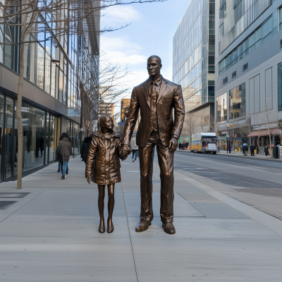 Bronze Statue of Father and Daughter in Urban Setting