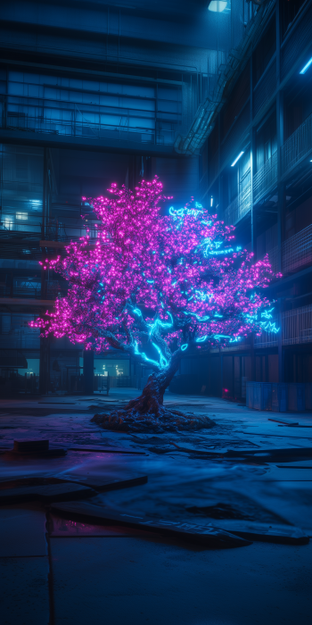 Neon Runes on Tree in Warehouse