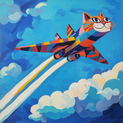 Cat and Plane Hybrid Flying Through Blue Sky