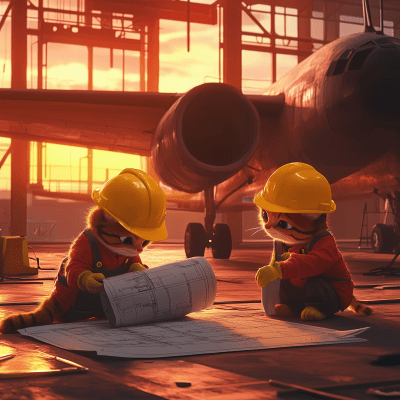 Cats Building Plane at Sunset