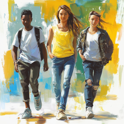 Youthful Trio Walking