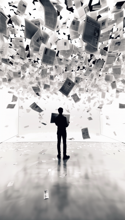 Man with Newspaper Surrounded by Falling Newspapers