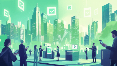 Modern Cityscape with Holographic Voting Symbols