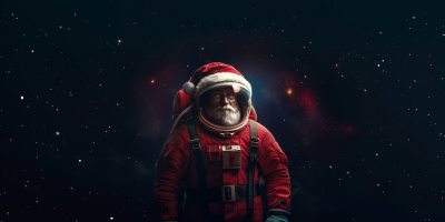 Joyful Santa Claus in Astronaut Suit