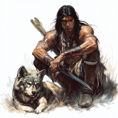 Native American Warrior with Wolf