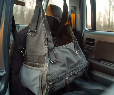 Torn Old Dog Car Seat Carrier in Van Interior