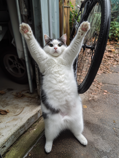 Playful overweight cat in garage