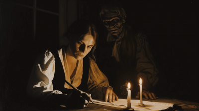 Mary Shelley writing a novel with Frankenstein’s monster