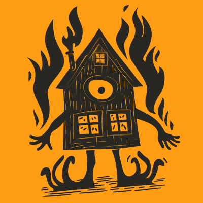 Retro 1930s Mascot Style House with Flames