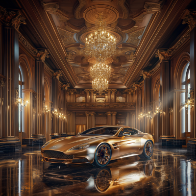 Luxurious Golden Wooden Palace with Supercars Inside