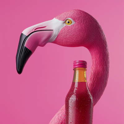 Flamingo beak holding bottle on pink background