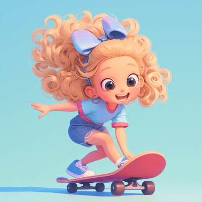 Cute Girl Riding Skateboard in 3D Pixar Style