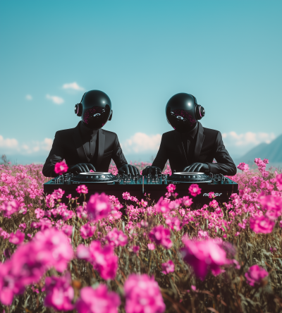 DJ in Black Suits Mixing Music in Field with Pink Flowers