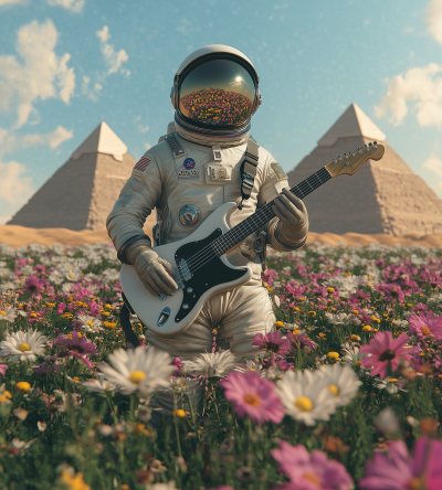 Astronaut with Guitar in Field of Flowers