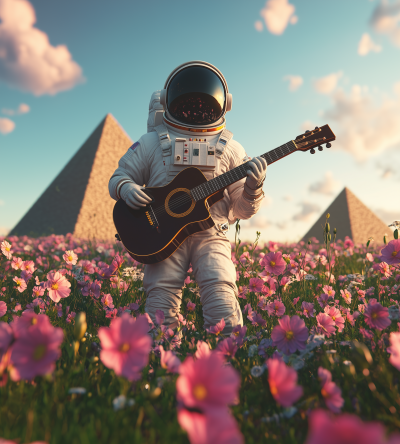 Astronaut with Guitar in Flower Field