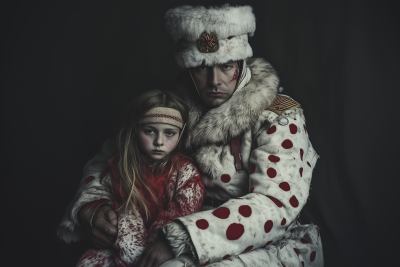 Russian Soldier with Little Girl in a Dark Corner