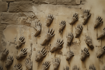 Caucasian Human Hands on Ancient Wall