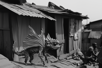 Vintage Household Scene with African Workers and Mutant Creature