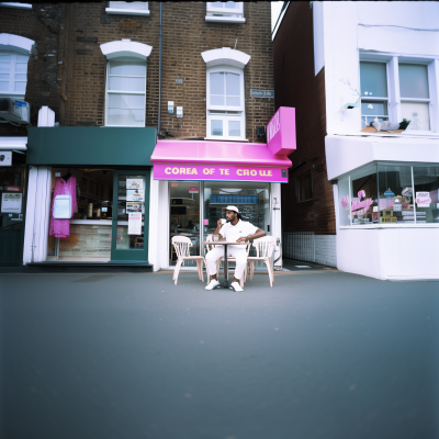 Man sitting outside English cafe