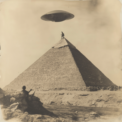 Lizardmen Building Pyramid with UFO in Antique Photo