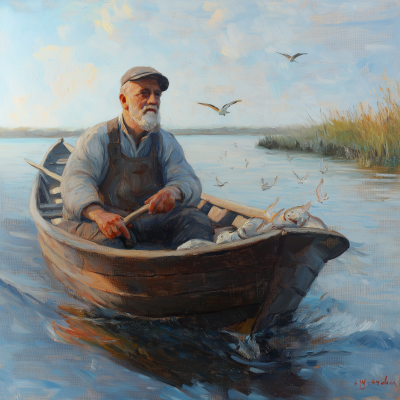 Old Man in Boat Fishing in Stormy Sea